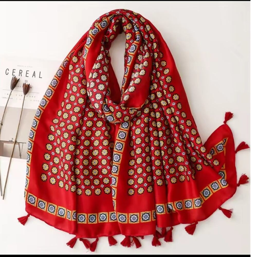 NEW Boho Floral Design Tasseled Rectangle Soft Chic Scarf Large Red Yellow Blue - Picture 14 of 15